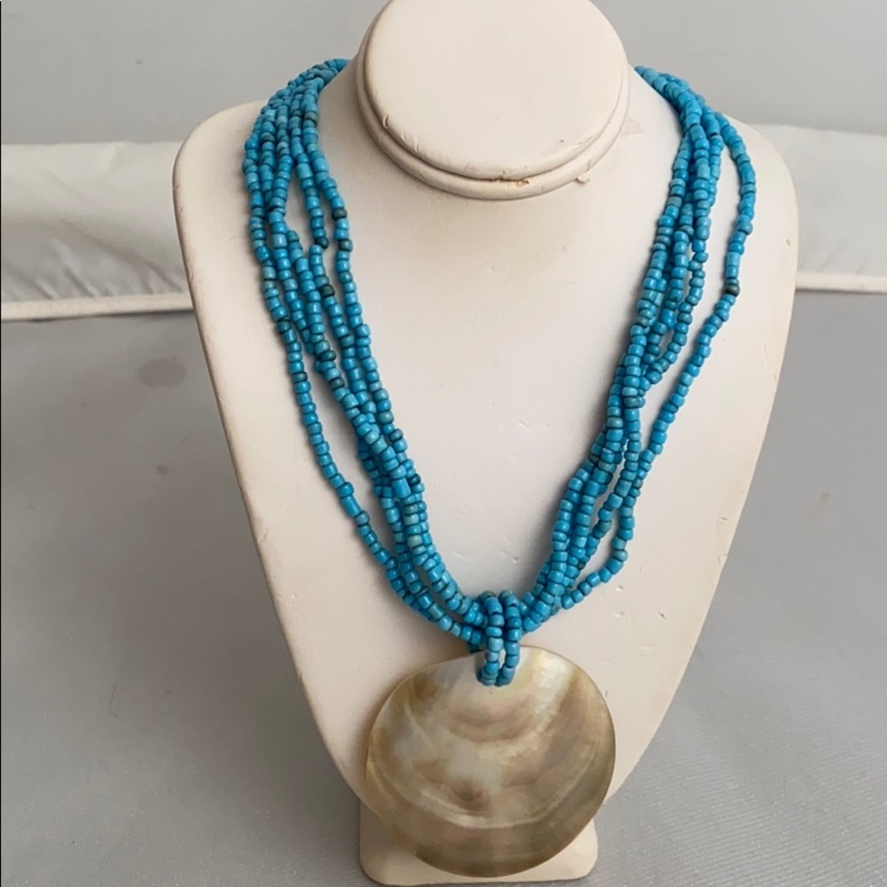Turquoise beaded multi-strand and iridescent shell statement necklace